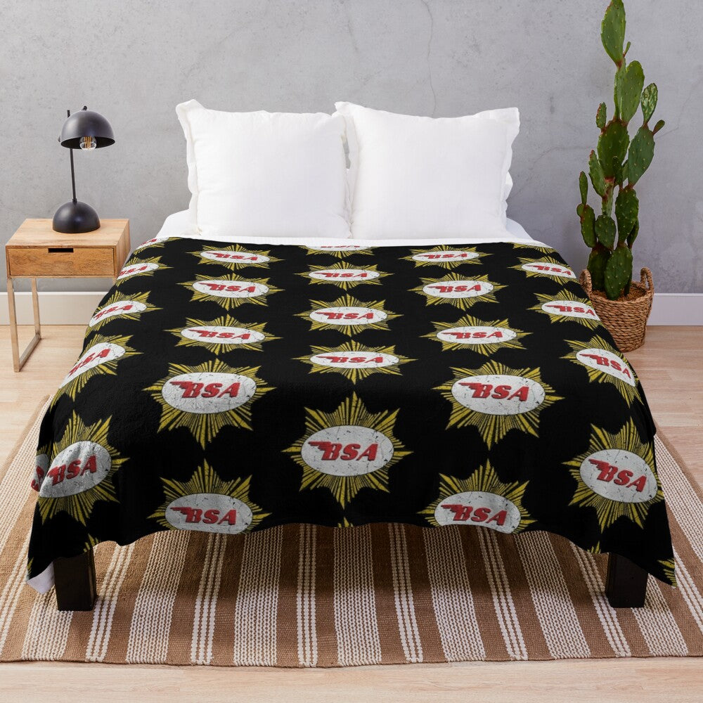 Vintage-style plush blanket with grunge-inspired BSA Gold Star motorcycle design