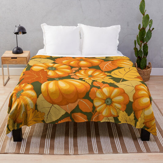 Pumpkins and autumn leaves plush blanket for cozy fall and holiday celebrations