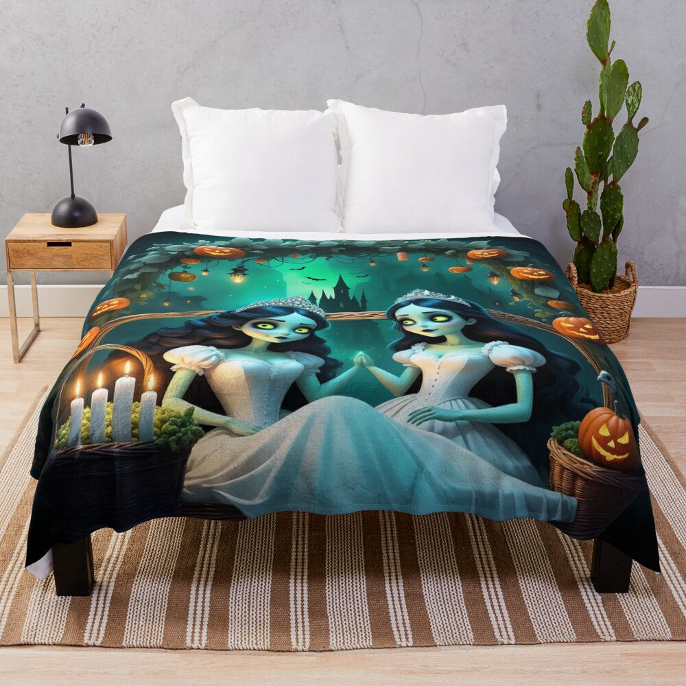 Plush blanket featuring lesbian undead brides in an autumn setting