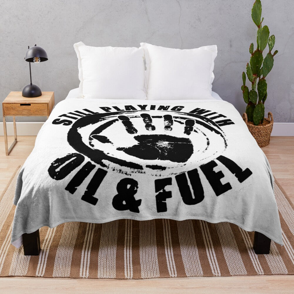 Plush occupations-themed blanket with oil and fuel worker design