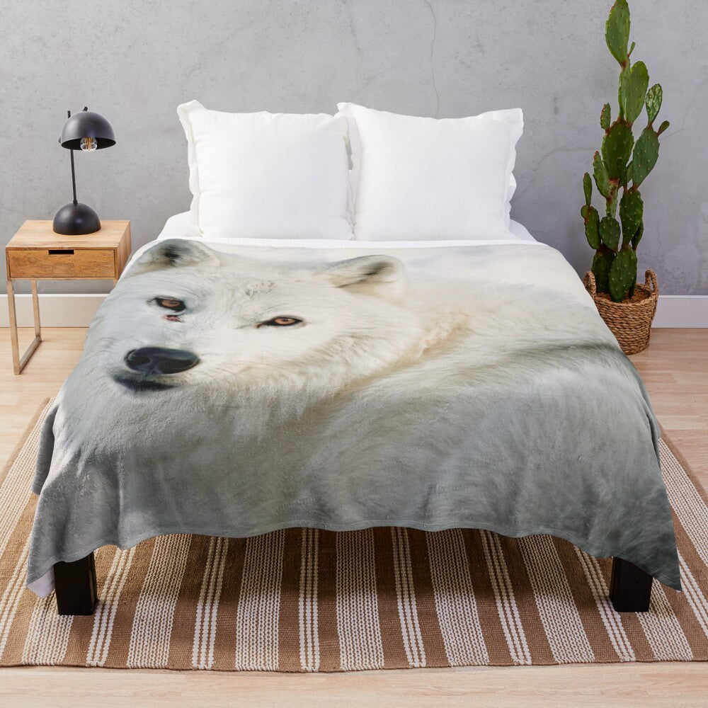 Arctic wolf plush blanket