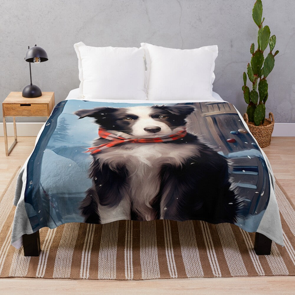 Cute border collie puppy in a snowy winter scene on a soft plush blanket