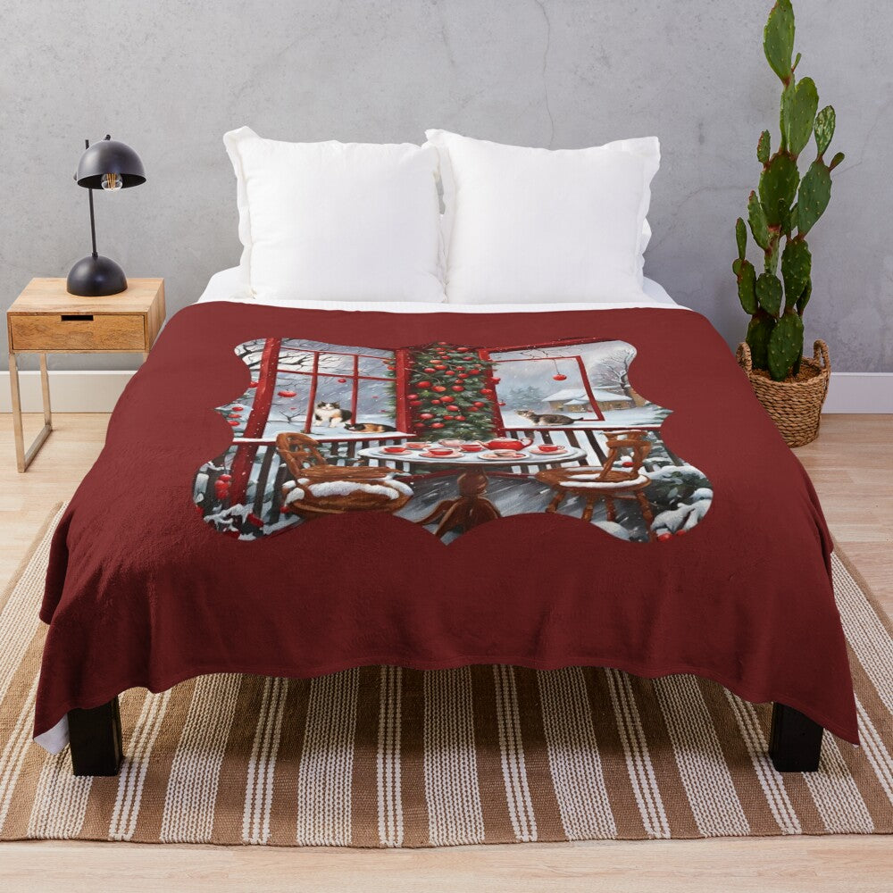 Cozy winter blanket with a peaceful scene of cats enjoying tea time in a snowy landscape