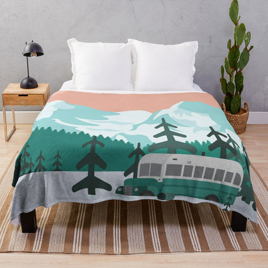 Plush blanket featuring a winter landscape with a bus in the woods