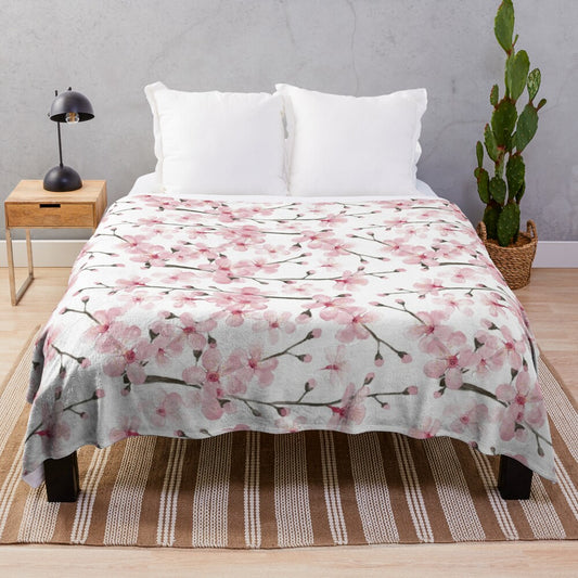 Watercolor Cherry Blossom Plush Blanket by Magenta Rose Designs