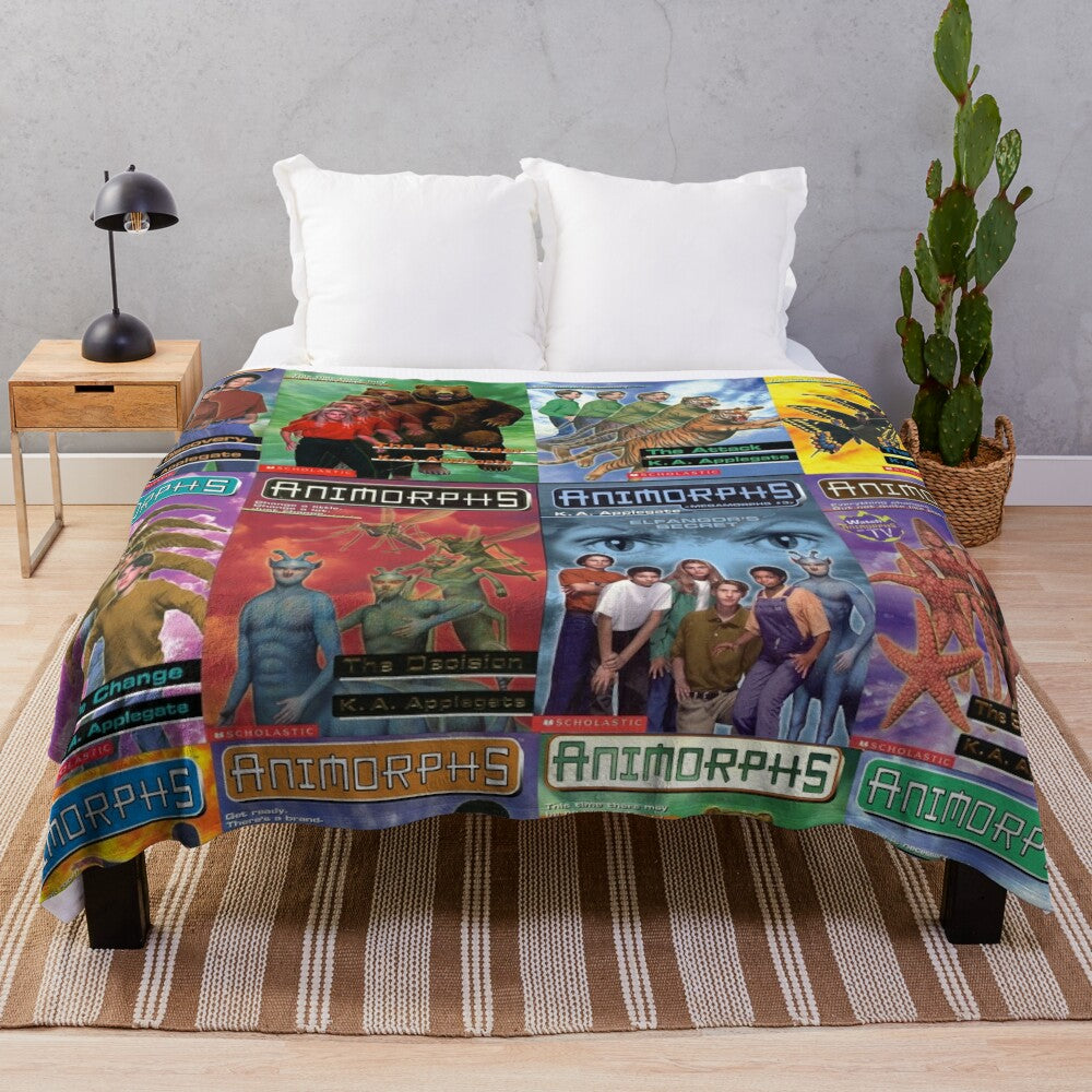 Plush blanket featuring tiled design of Animorphs book covers