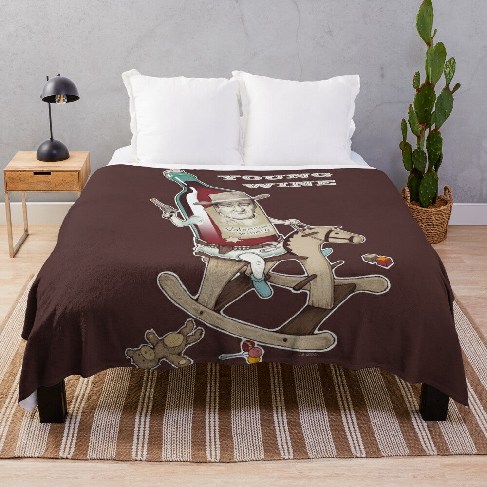 Plush blanket featuring an absurdist design inspired by young wine and cowboy cinema