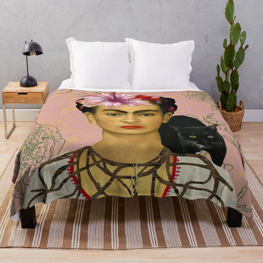 Frida Kahlo inspired plush blanket with floral design