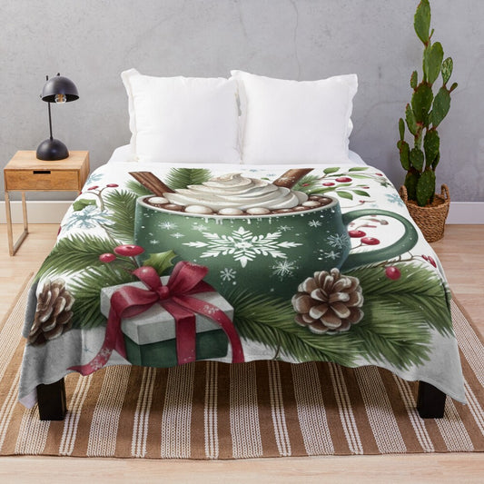 Plush blanket with hot chocolate and winter imagery