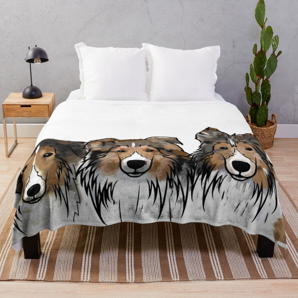 Soft and cuddly plush blanket featuring three adorable Sheltie dogs