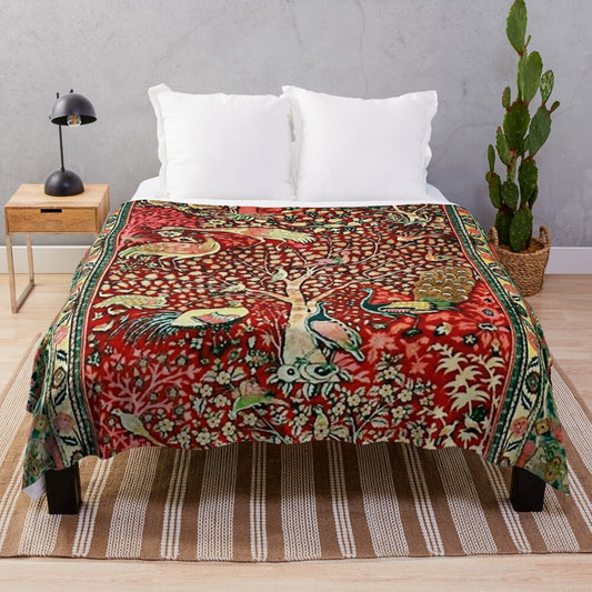 Antique Persian-style floral pattern plush blanket with bird, tree, and flower motifs