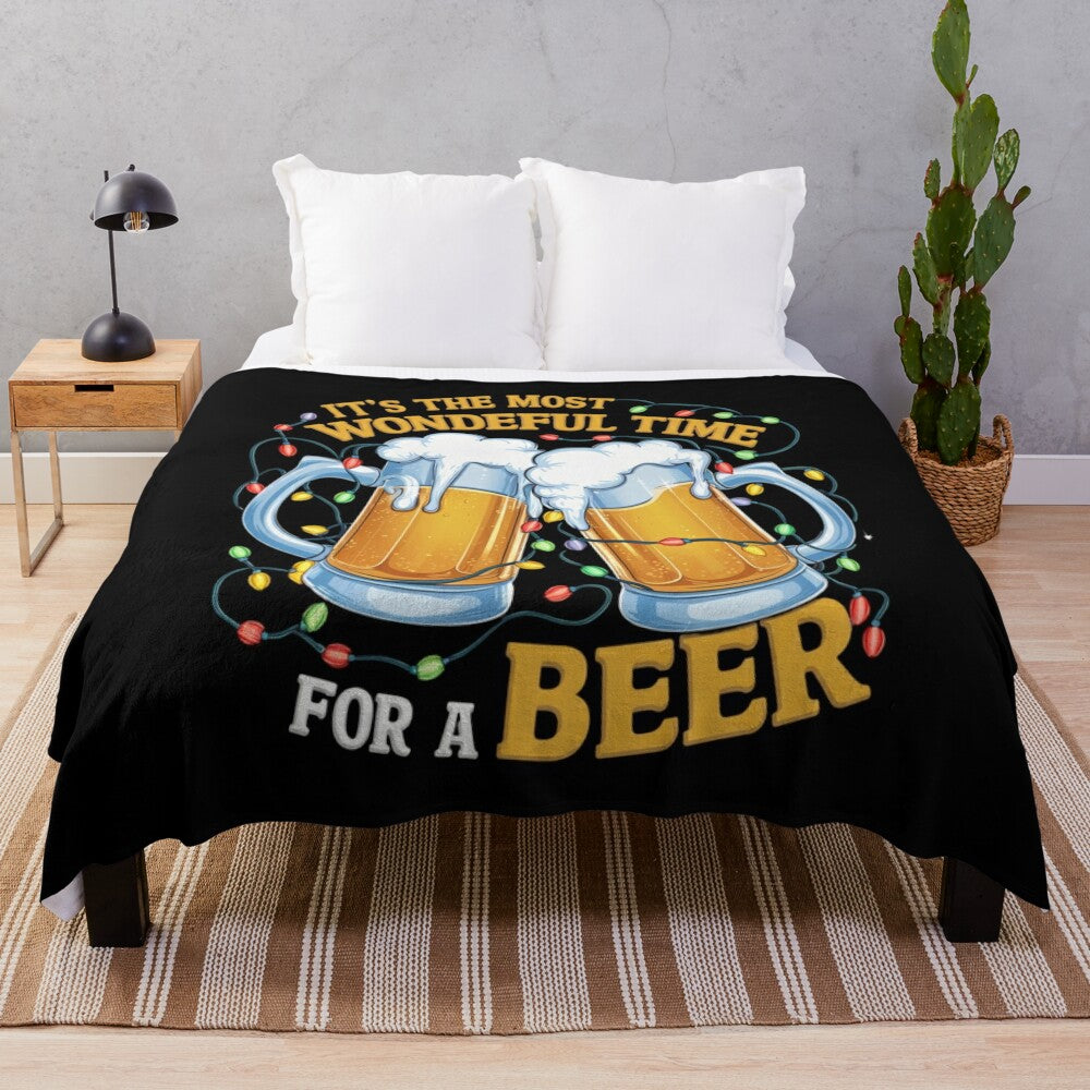 Plush blanket featuring a beery christmas design for craft beer enthusiasts