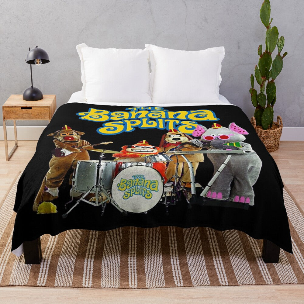 Retro Banana Splits inspired plush blanket with classic 70s TV show characters