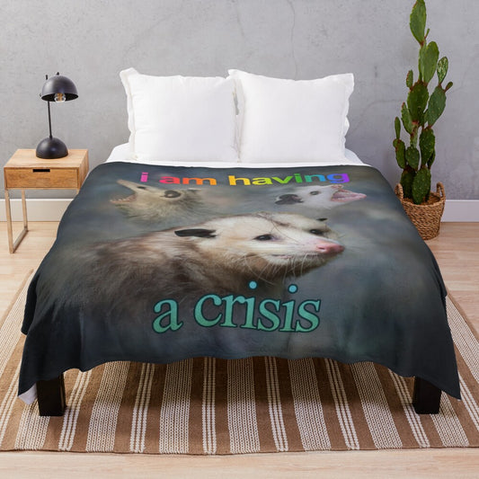 Opossum word art design on a plush blanket