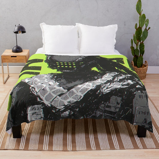 Cyberpunk samurai inspired plush blanket with vibrant pop art design