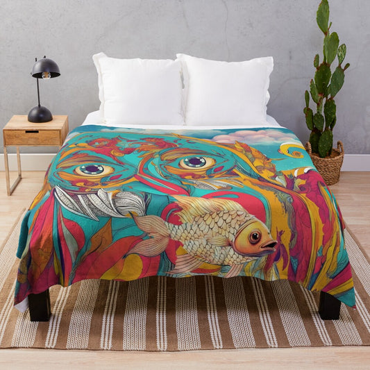 Colorful plush blanket with Poseidon-inspired design featuring a mystical, fantasy-inspired pattern