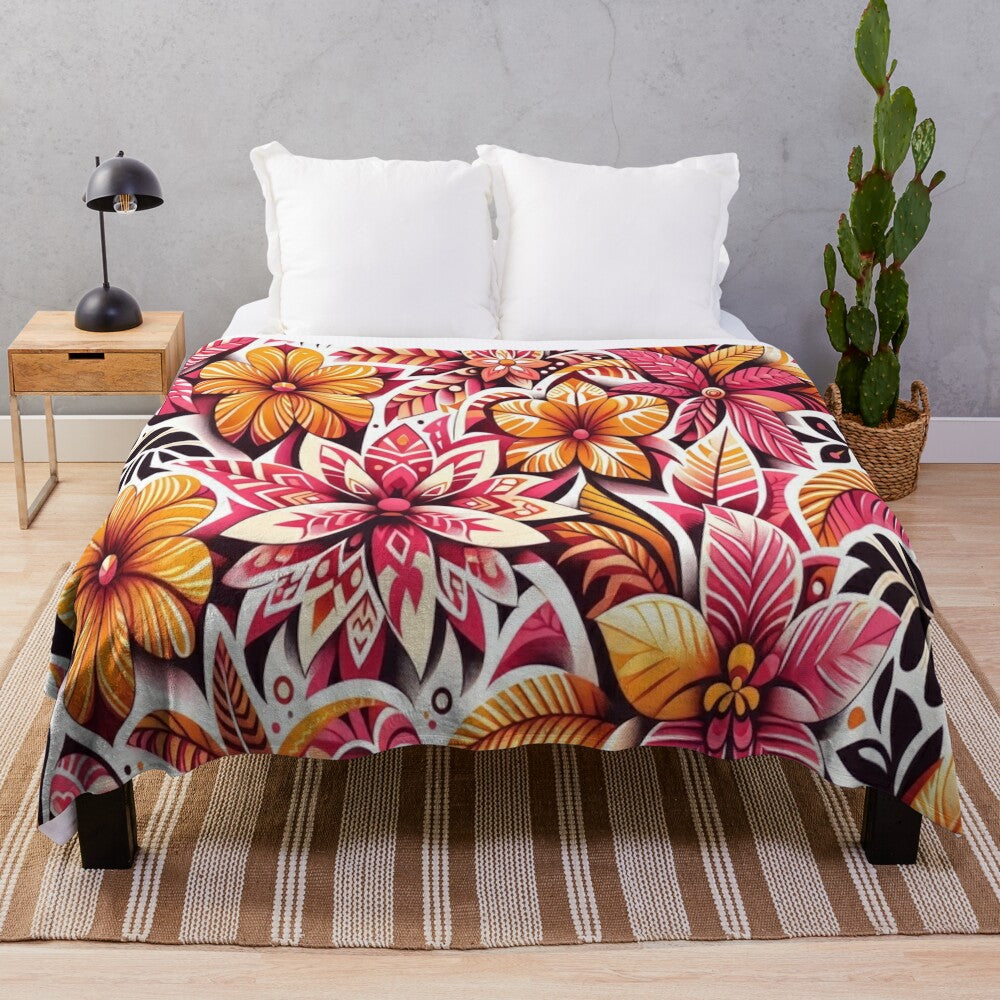 Tropical Flame Garden Plush Blanket featuring vibrant floral and botanical motifs