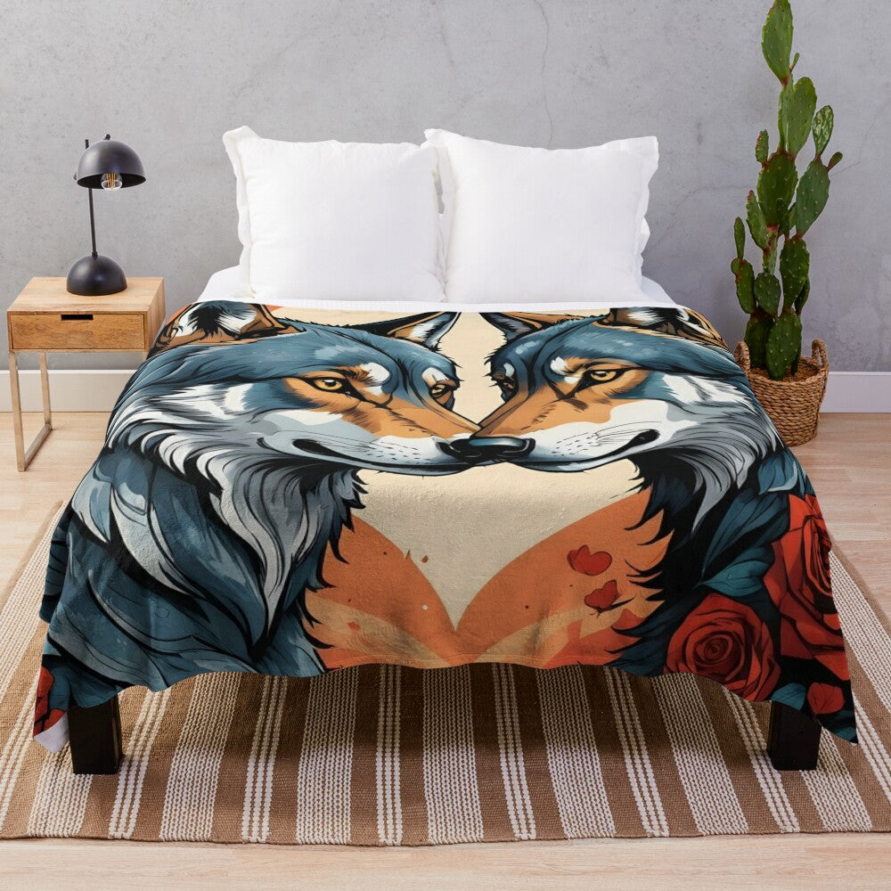 Whimsical comic book-inspired plush wolves in love blanket