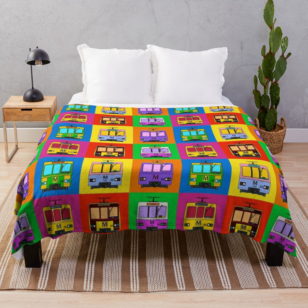 Colorful pop art design plush blanket inspired by the Tyne and Wear Metro system