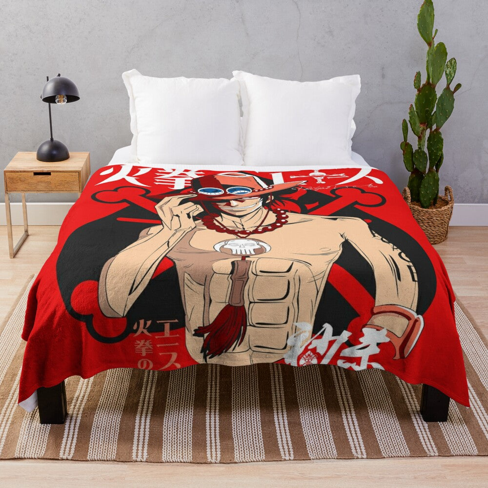 Ace Fire Fist inspired One Piece plush blanket with Mugiwara crew design