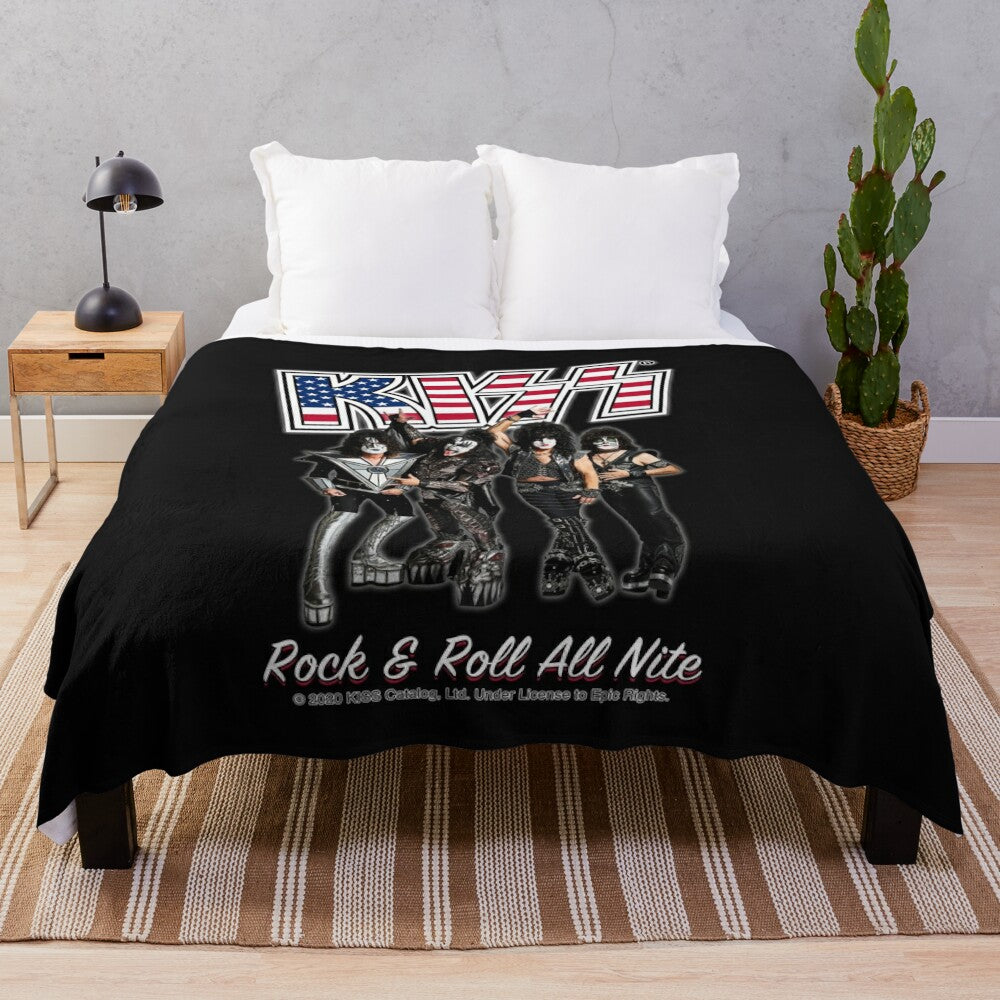 Kiss rock and roll themed plush blanket