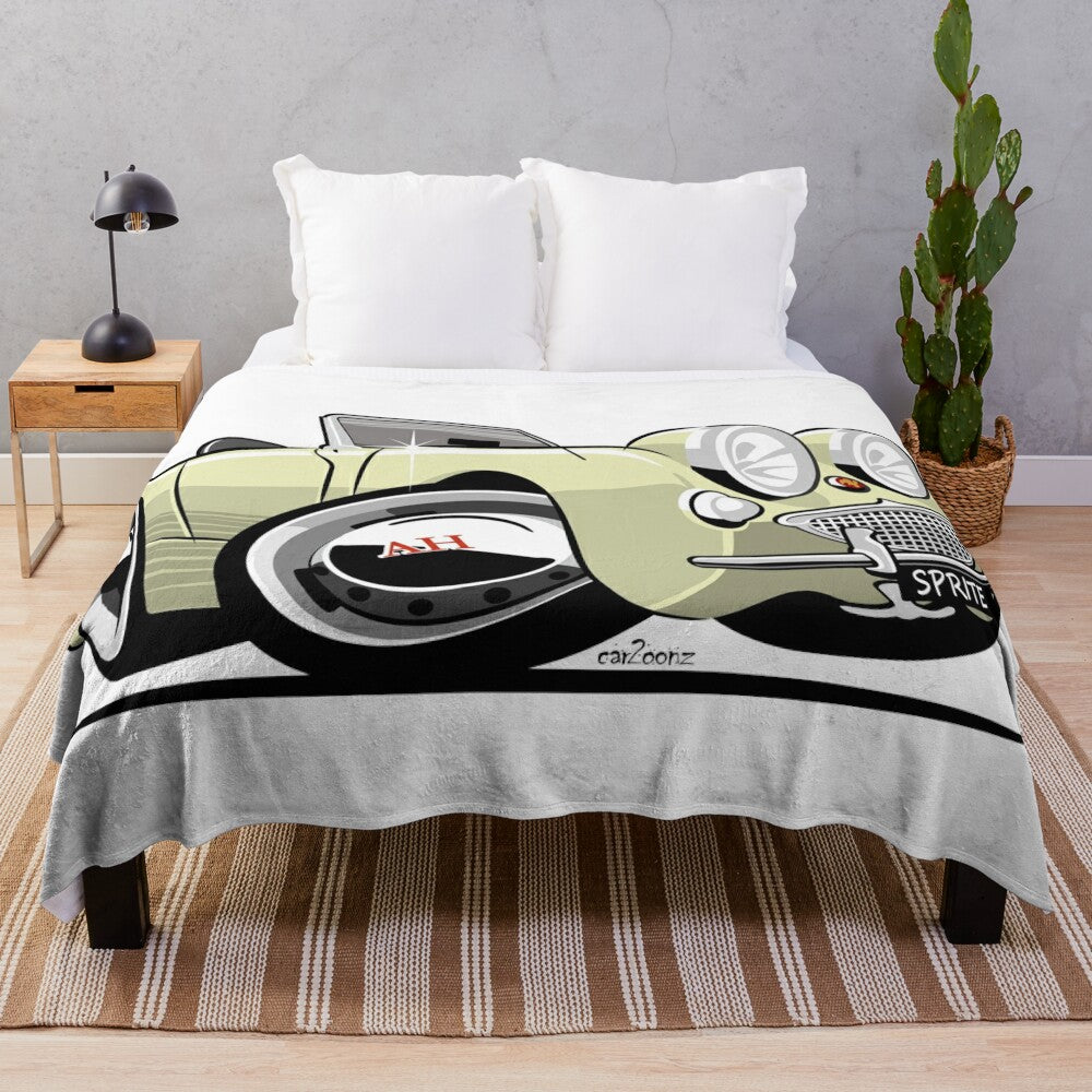 Soft white plush blanket with an illustration of the classic Austin Healey Sprite sports car