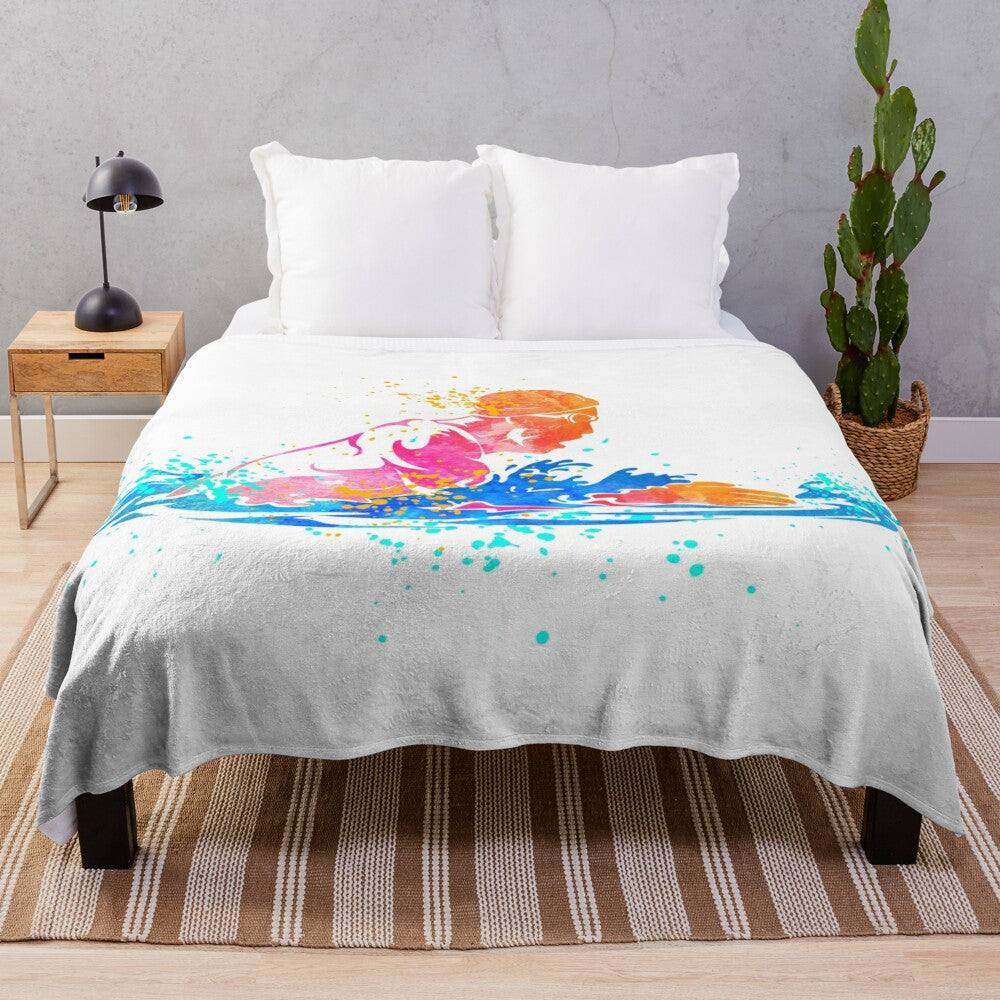 Watercolor silhouette of a swimmer on a plush blanket