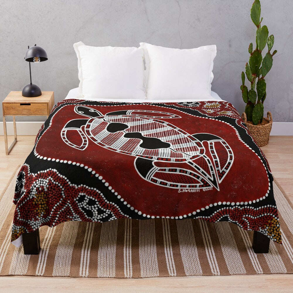 Plush blanket with Aboriginal turtle dreaming art design