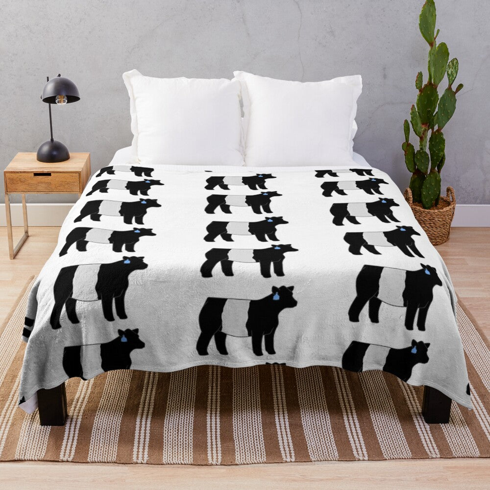 Soft plush blanket featuring a belted galloway heifer