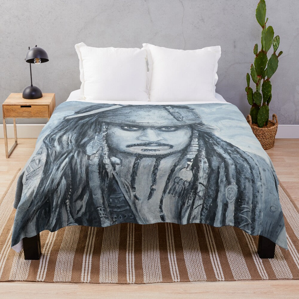 Plush blanket featuring Johnny Depp as the character Jack Sparrow from the Pirates of the Caribbean movie franchise