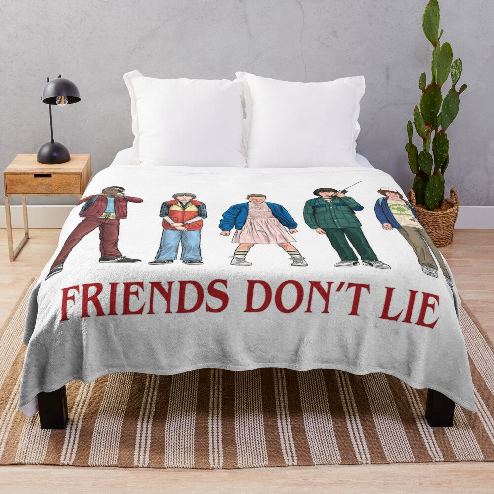 "Friends Don't Lie" 80s inspired plush blanket featuring Stranger Things characters