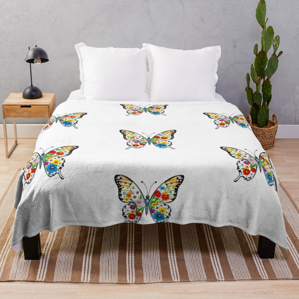 Colorful butterfly and spring flowers graphic plush blanket