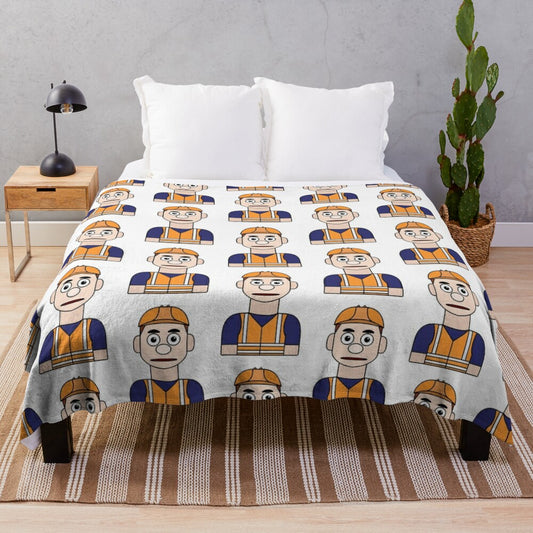 Cartoon construction worker illustration on a plush blanket