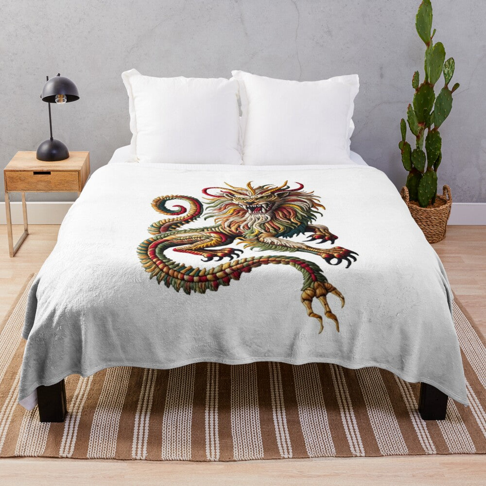 Manticore plush blanket with embroidered mythical creature design