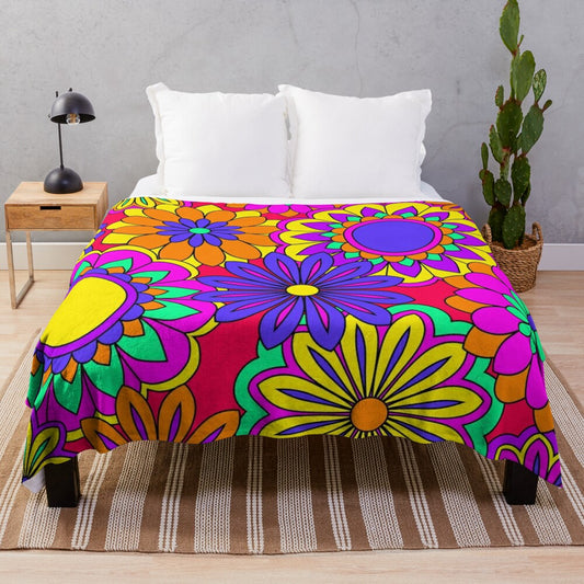 Groovy flower power plush blanket with retro psychedelic floral design