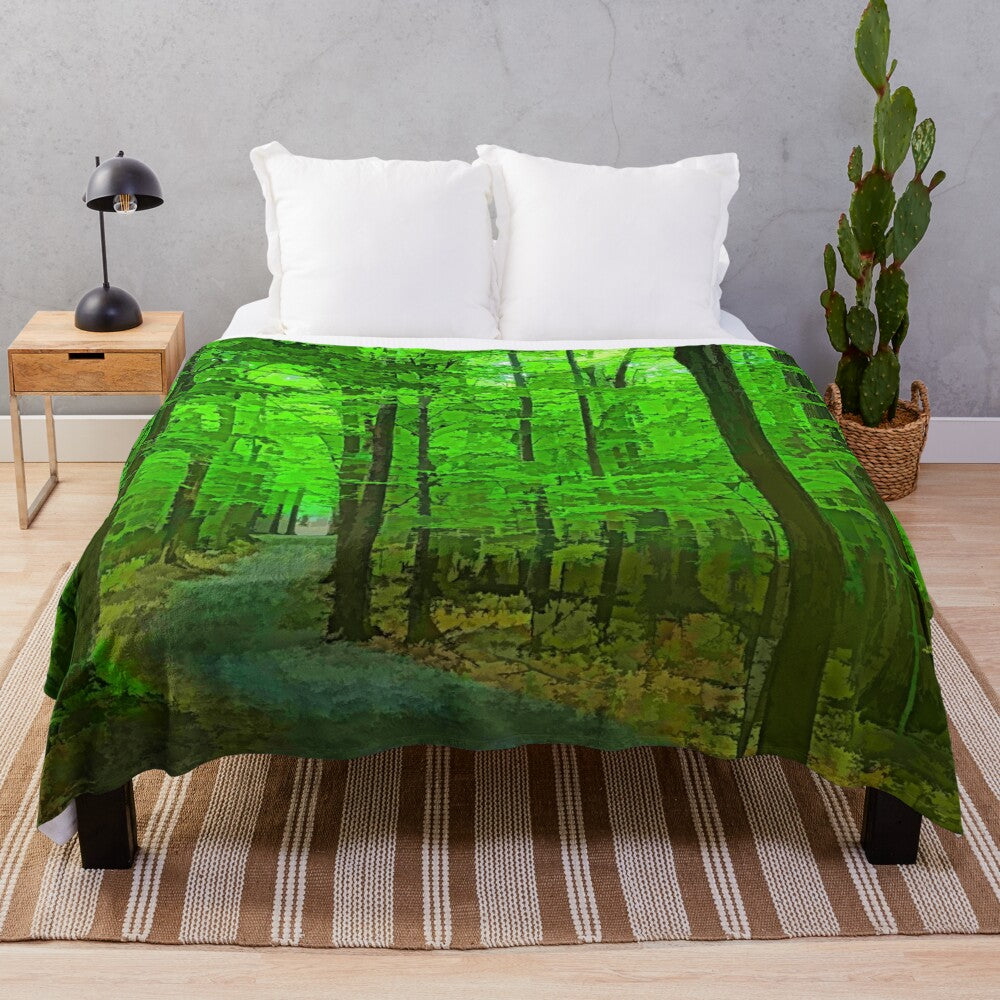 Green trees and a winding forest path in an impressionistic style plush blanket