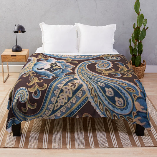 Vintage paisley pattern plush blanket in blue, brown, and beige tones