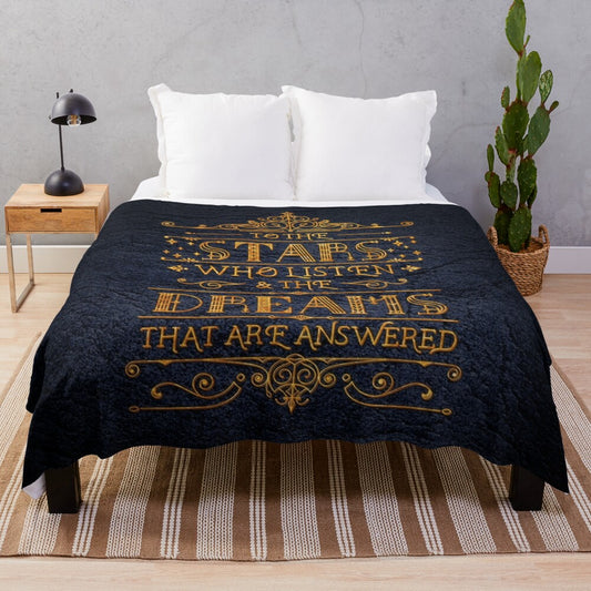 Plush blanket featuring a starry night sky design, perfect for book lovers and fantasy fans