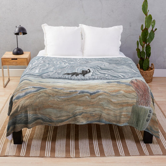 Watercolor inspired Fantastic Mr Fox plush blanket featuring a wolf and mountain landscape