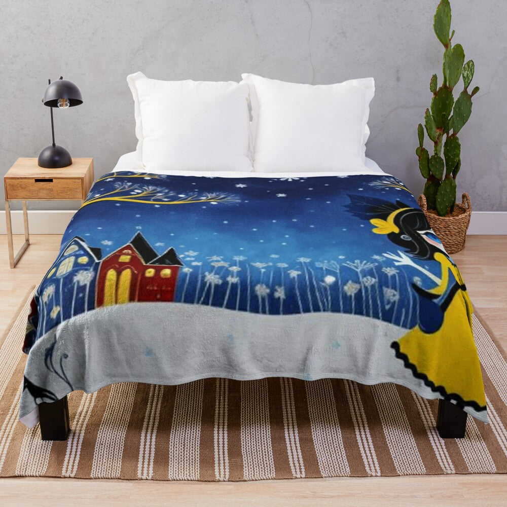 Cozy plush blanket featuring an abstract winter village design with big blue eyes