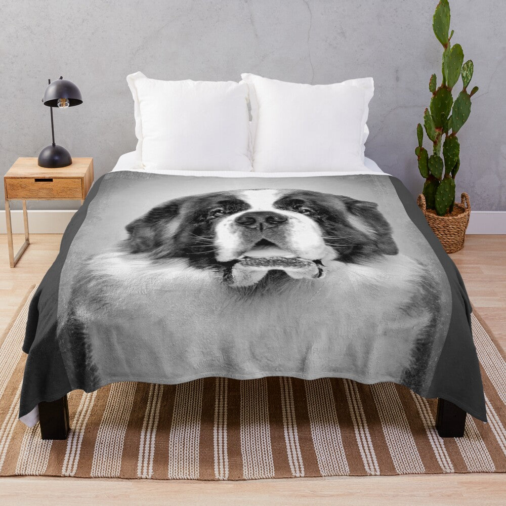 Vintage-style black and white portrait of a Saint Bernard dog on a plush blanket