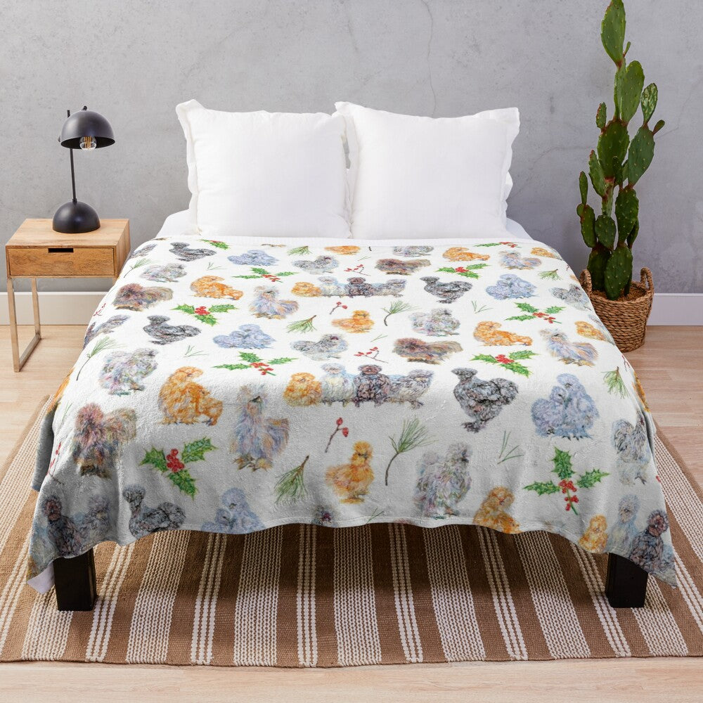 Soft and cozy plush blanket featuring a charming silkie chicken design, perfect for adding farmhouse style to your home decor.