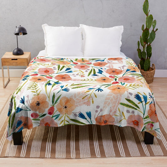 Floral pattern plush blanket with hand-painted flowers and leaves