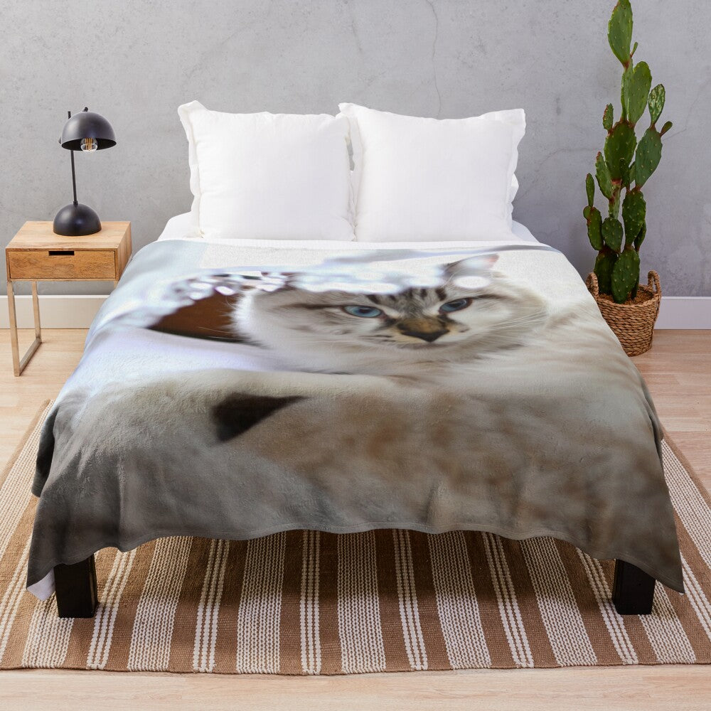 Soft and fluffy plush blanket featuring a detailed Persian cat design with whiskers