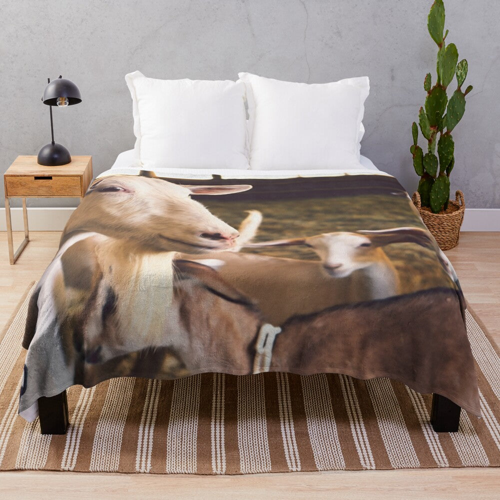 Plush blanket featuring cute goats and other farm animals