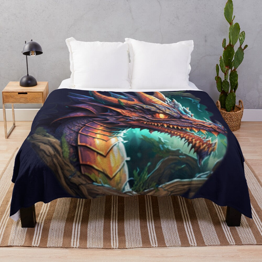 Plush blanket featuring a design of various mythical creatures and fantasy beings