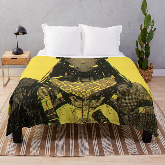 Samurai-inspired plush blanket with cyberpunk and pop art design