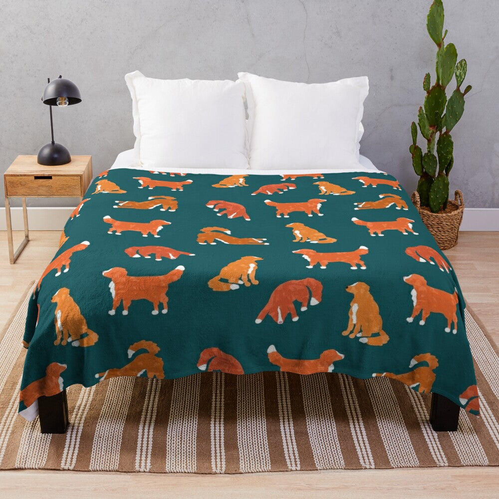 Teal plush blanket with abstract Nova Scotia duck tolling retriever silhouette