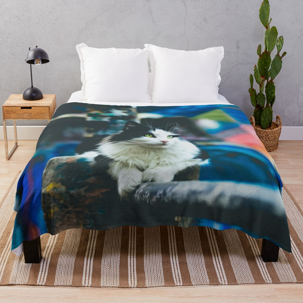 Mural painting-inspired plush blanket with graffiti blur design