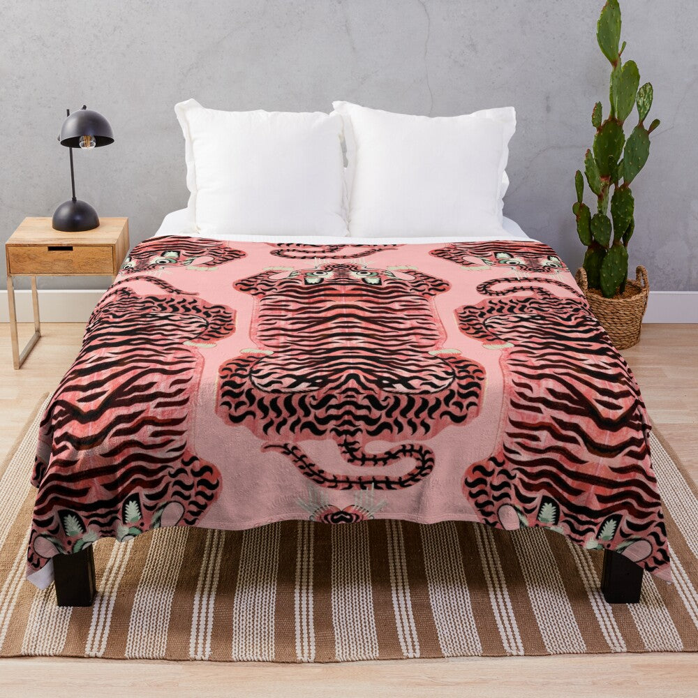 Soft and fluffy pink plush blanket with realistic tibetan tiger print design